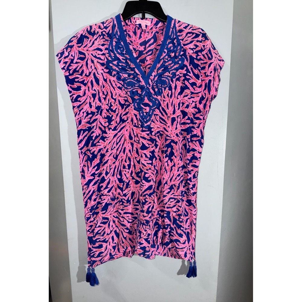Lilly Pulitzer 100% silk oversized caftan cover up dress pink blue XXS - XS